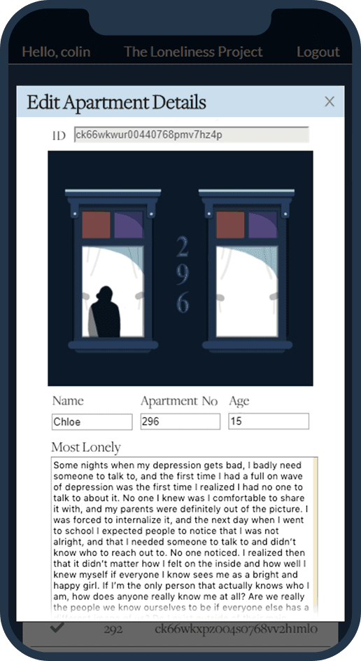 a screenshot of the of apartment details edit modal on the loneliness project on a phone