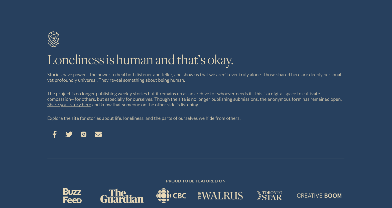screenshot of the about page on the loneliness project