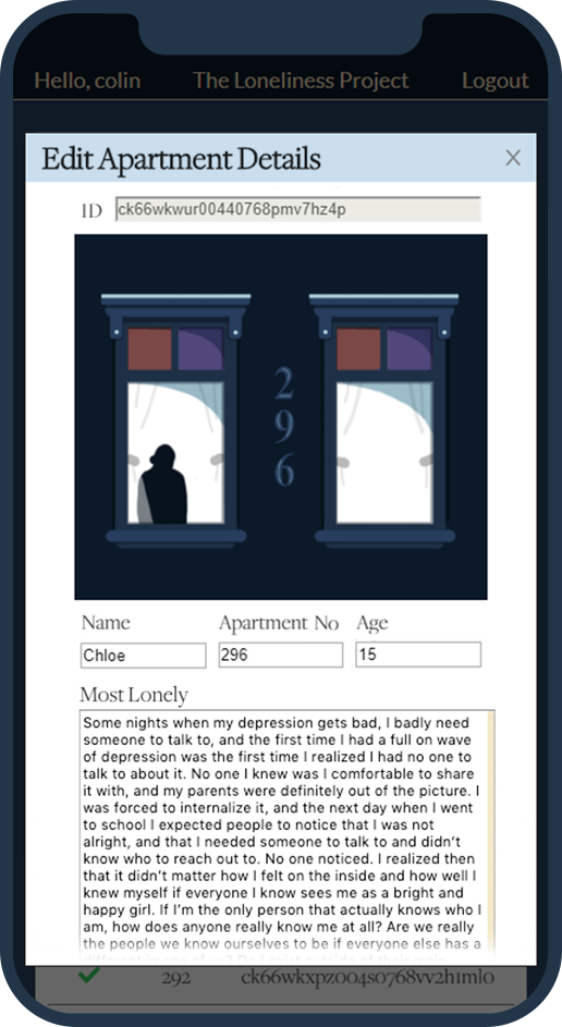 a screenshot of the of apartment details edit modal on the loneliness project on a phone